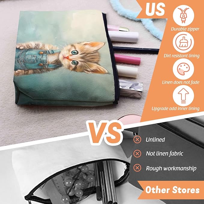 Scribesense Cosmetic Bags Travel Makeup Toilet Case Waterproof Pouch for Women Girls 6.7X9.45inches - The Adorable Allure of A Kitten in Blue Overalls