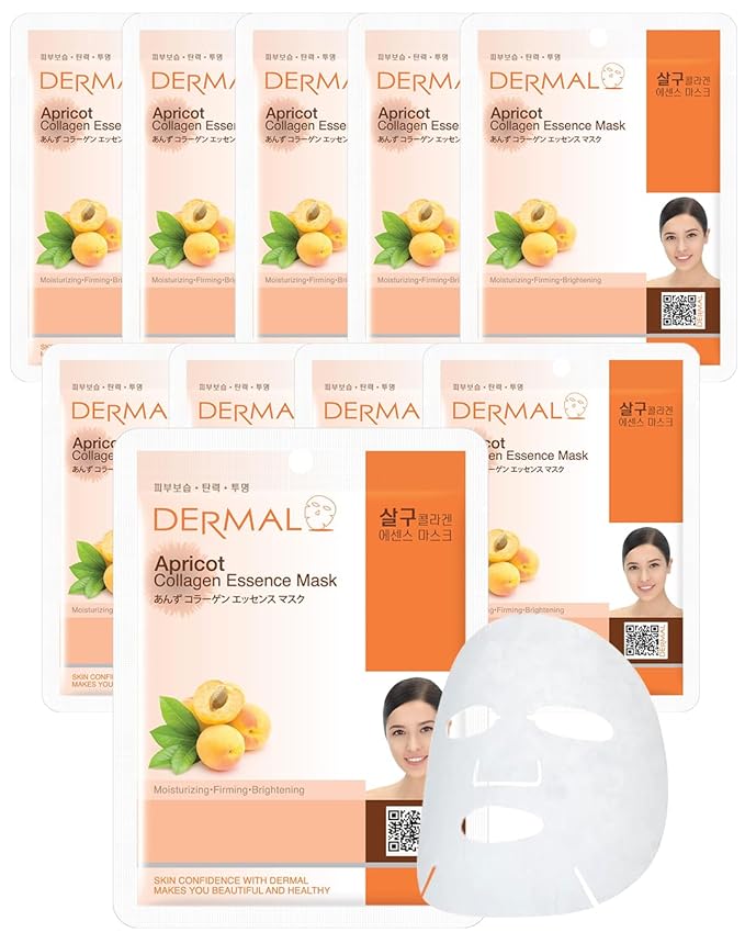 DERMAL Apricot Collagen Korean Essence Sheet Mask, Radiance, 23g, 10 Pack