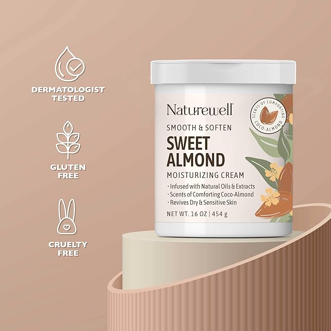 NATURE WELL Sweet Almond Body Cream, Moisturizing Cream for Dry & Sensitive Skin, Hydrating Body Moisturizer with Natural Oils & Extracts, Coco-Almond Scent, Dermatologist Tested, 16 Oz