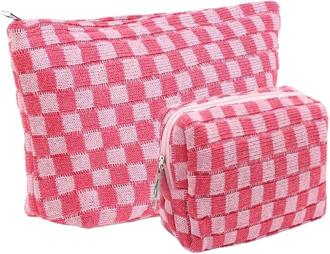FFpaw 2 Pieces Makeup Bag Set, Small Pink Checkered Cosmetic Bag Travel Toiletry Organizer Mini Cosmetic Pouch Case Makeup Brushes Cute Quilted Aesthetic Accessories Storage Bag for Women