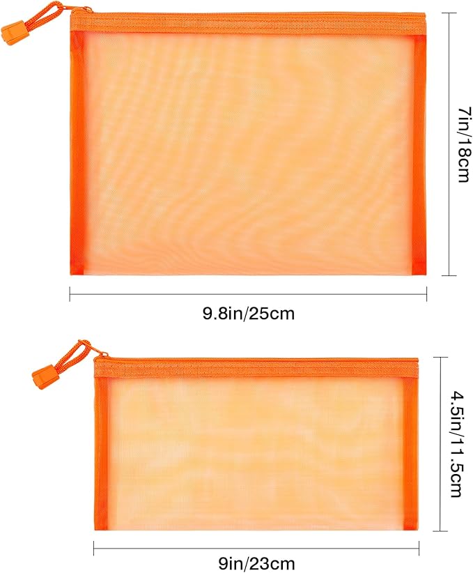 Sinzip 12 Pieces Zipper Nylon Mesh Pouch, Mesh Cosmetic Bags Makeup Bags Pencil Case, Multipurpose Travel Bags for Cosmetic School Office Supplies and Travel Accessories (Orange, A5)
