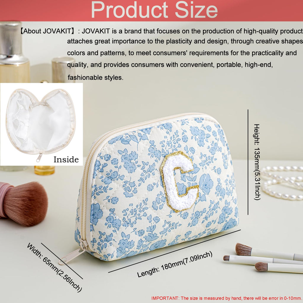 JOVAKIT Conch Alphabet Makeup Bag Cosmetic Bag for Women, Christmas Gifts for Women Girls, Blue Floral Coquette Travel Bag, Zipper Make Up Pouch Organizer Trendy Stuff (Blue Floral C)