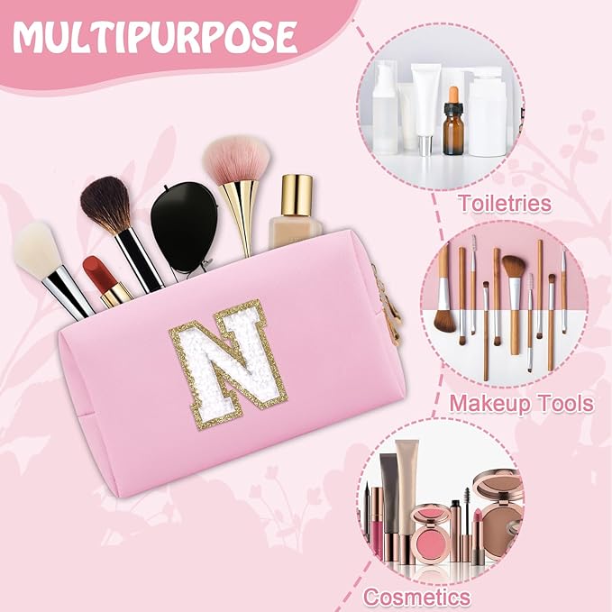 Chenille Letter Personalized Initial Preppy Makeup Bag, Small Travel Cute Pink Cosmetic Zipper Pouch Toiletry Bags, Waterproof PU Monogram Make Up Organizer Gift for Nurse Nieces Teacher(Letter N)