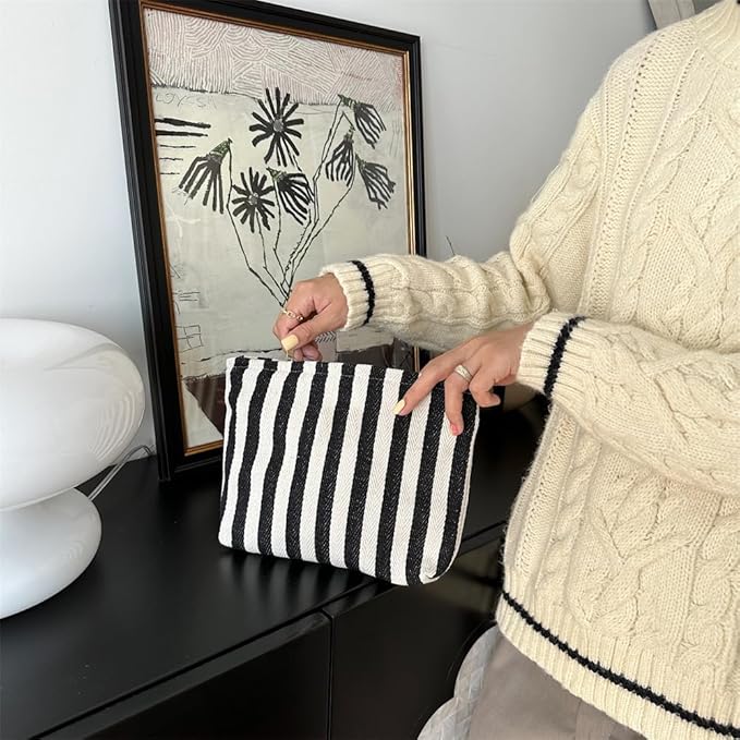 Flat Makeup Bag for Women,Zipper Cosmetic Pouch Purse,Stripe Black White