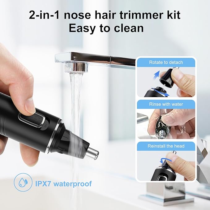 XOOMRSCP Professional Rechargeable Nose Hair Trimmer for Men – 2-in-1 Painless Ear & Nose Trimmer with IPX7 Waterproof Dual-Edge Blades, Also for Eyebrow & Facial Hair (Black Silver)