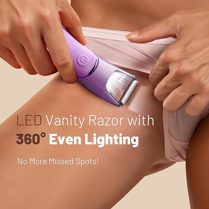 LGTGH Bikini Trimmer for Women: Pubic Hair Razor with Mirror & LED Light, Body Groomer IPX7 Waterproof Use for Legs/Arm/Underarm - Plum