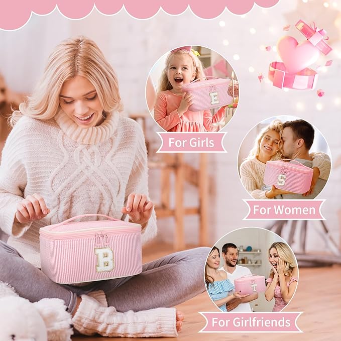 OCHEAL Makeup Bag for Women, Monogram Cosmetic Bag with Brush Holder, Pink Travel Makeup Case Beauty Toiletry Bag Organizer Personalized Gifts for Girls Bridesmaid, Sister, Wife, Friends Initial J