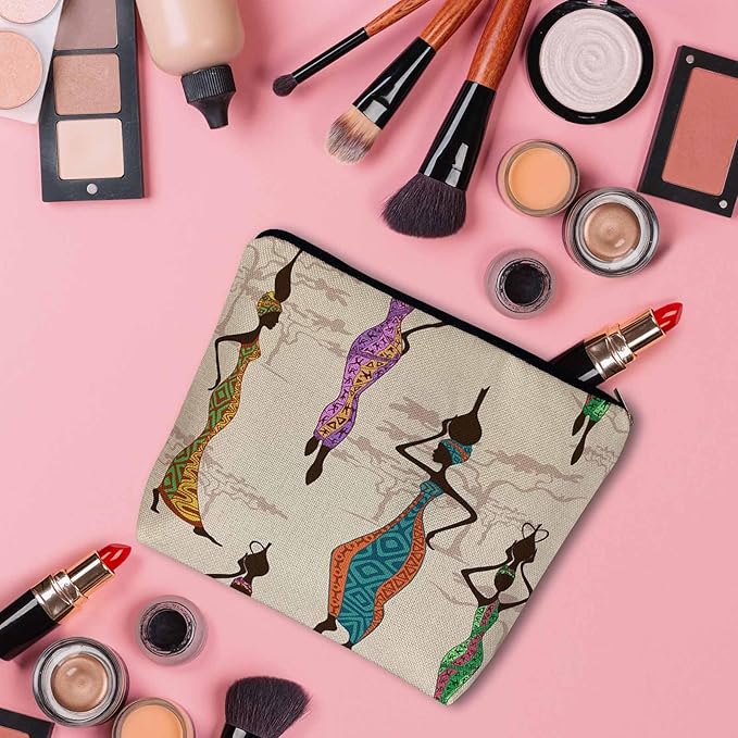 Kalygon African Woman Makeup Bags Makeup Organizer, Black African Women With Vases Flax Toiletry Bags Travel Cosmetic Bag Makeup Purse Pouch Skincare Bag Wallet Bags For Women Female Mom Daughter
