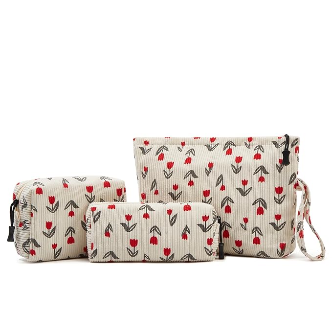 ZOEMTIU Makeup bag set small Cosmetic bag for women purse Corduroy Organizer with interior Pockets,cute Pencil zipper Pouch travel Toiletry Bag with handle(Tulip Red)