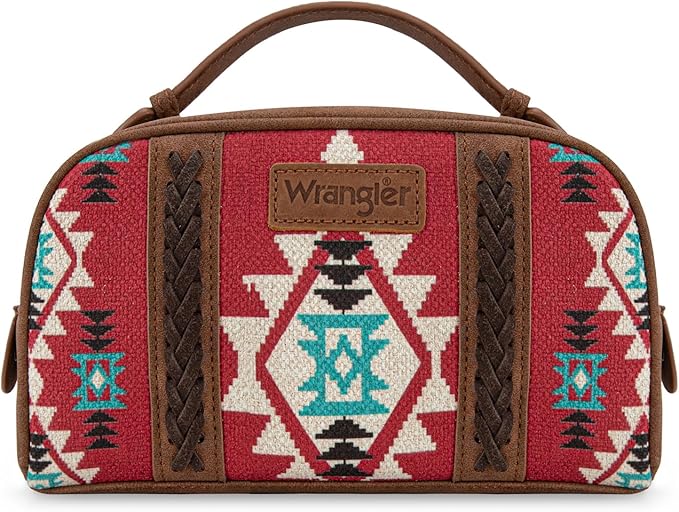 Montana West Wrangler Makeup Bag Travel Cosmetic Bag Small Western Make Up Pouch Portable Toiletry Bag for Women Organizer for Toiletries Accessories, Travel Essentials,Aztec,WG-MB-2203-190-RD