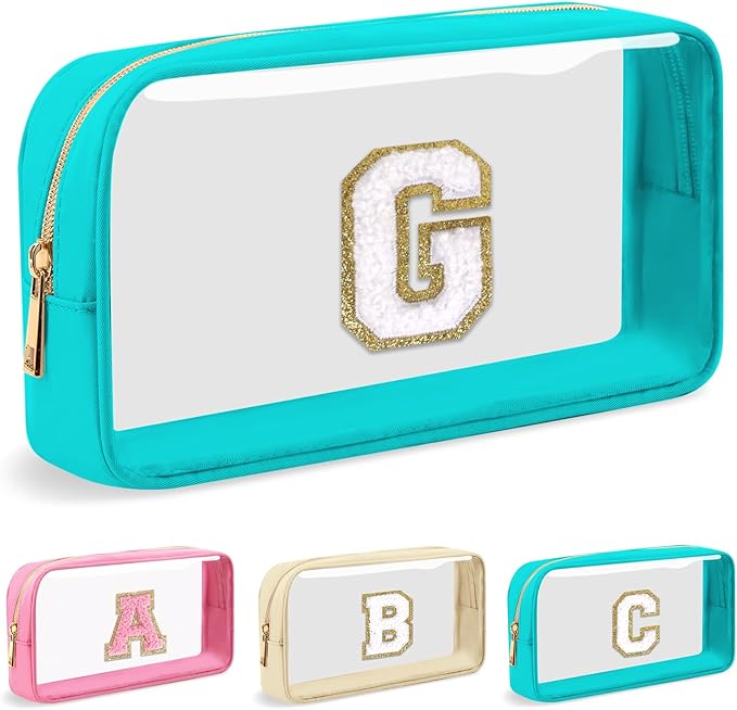 Personalized Initial Letter Clear Makeup Bag,Preppy Small Nylon&PVC Cosmetic Zipper Bag with Chenille Letter,Portable Beach Travel Skincare Toiletry Bag,Trendy Monogram Gift for Teen Girls Women,G