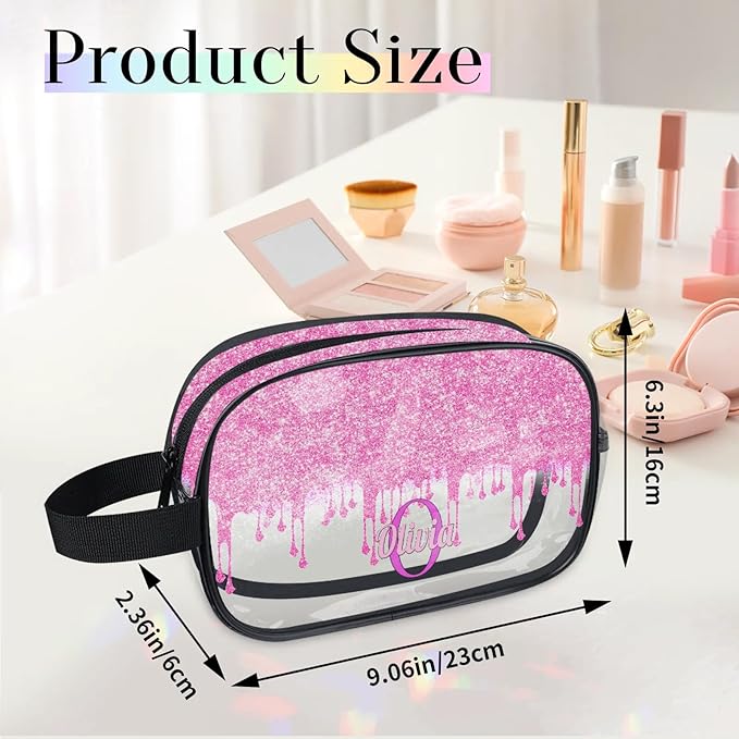 KFNHN Custom Travel Toiletry Bag for Women, Clear PVC Large Makeup Bag, Cosmetic Bag, Comestic Essentials for Women, Light Pink Curtain Glittering
