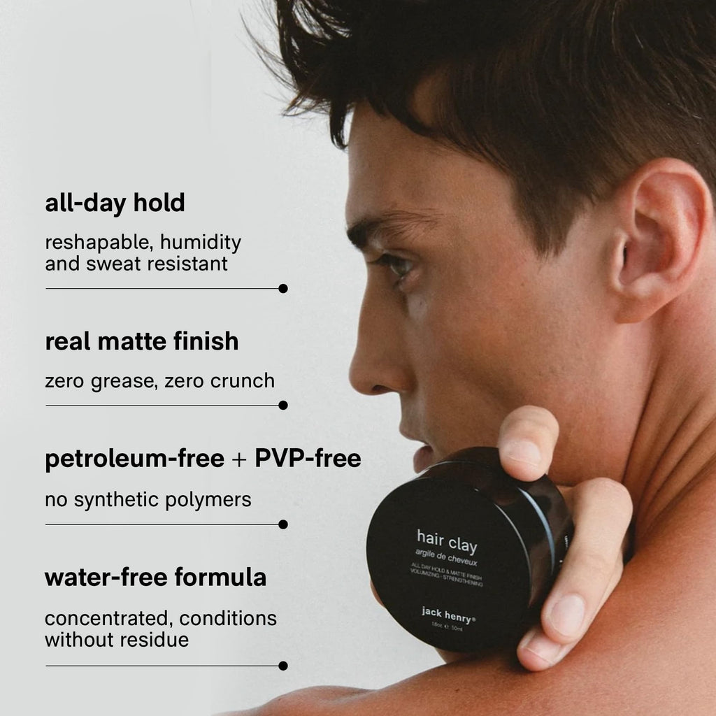Jack Henry Hair Clay for Men - Wax-Based Flexible Matte Finish, All-Day Hold - Hair Styling Clay for All Hair Types, PVP-Free, Organic Award Winning Formula, Only 4 Ingredients - Natural Scent 1.6 oz