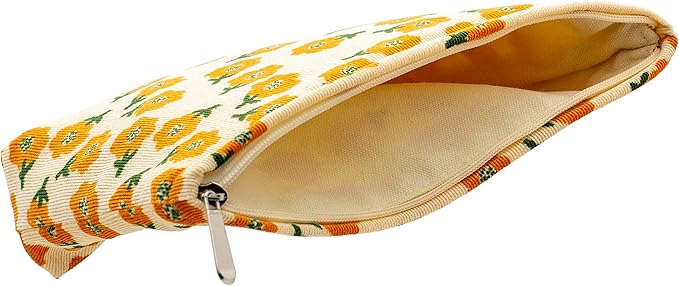 Flat Makeup Bag for Women,Zipper Cosmetic Pouch for Purse,Flower Yellow