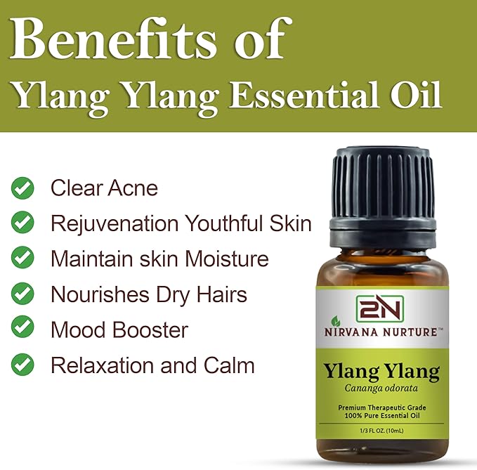 Nirvana Nurture Ylang Ylang Essential Oil, USDA Certified Organic, 100% Pure Undiluted, Aromatherapy Oil for Diffuser, Hair & Skin Care