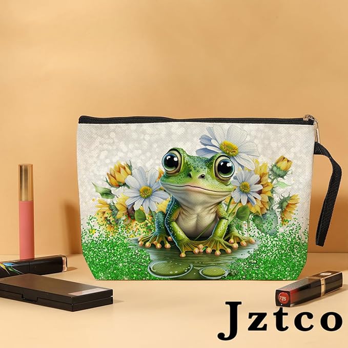 Cute Frog Makeup Bag Frog Gifts Frog Themed Gifts for Women Animal Lover Her Mom Wife Best Friend Aunt Niece BFF Toiletry Bag Mothers Day Graduation Birthday Gifts Daisy Flower Cosmetic Bag