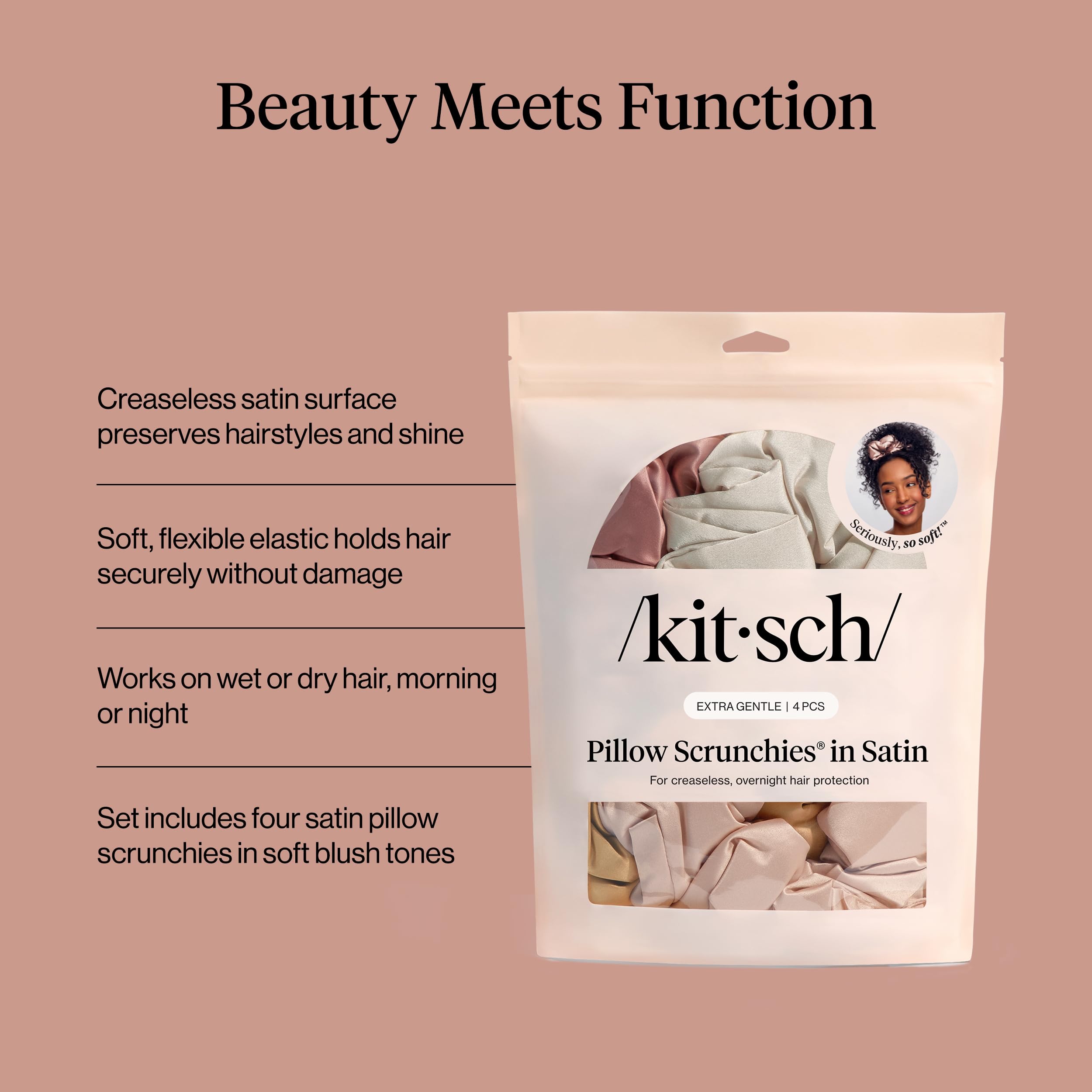 Kitsch Pillow Satin Scrunchies for Women - Blush, 4pcs