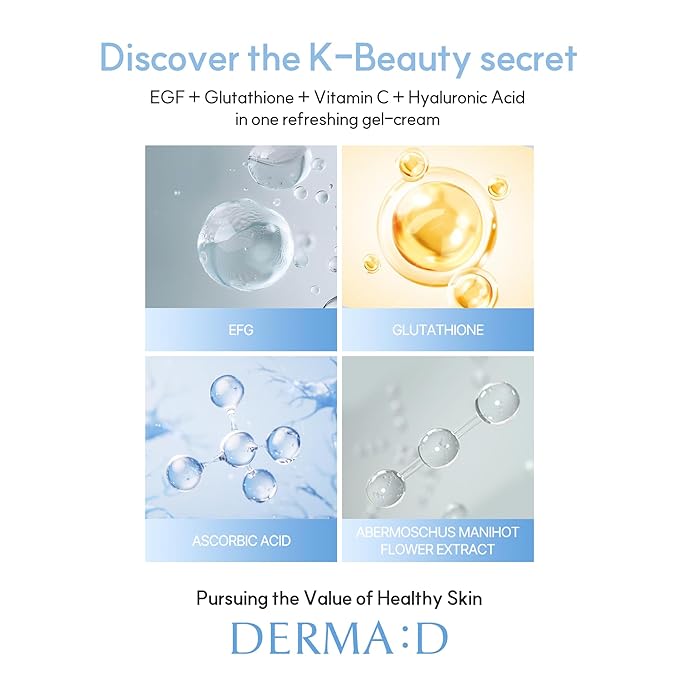 DERMA:D Korean Gel Moisturizer for Face – Lightweight Water Gel Cream with Hyaluronic Acid, EGF & Glutathione, Oil-Free Hydrating Moisturizer for Oily, Dry & Sensitive Skin, Non-Greasy, 3.38 fl oz