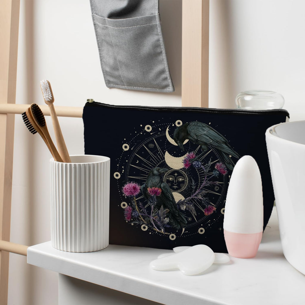 RYYCDOI Goth Raven Makeup Bag, Celestial Sun and Moon Phase Witchy Makeup Bag for Women, Witch Stuff, Halloween Black Crow Floral Cosmetic Bag Toiletry Bag for Women, Black