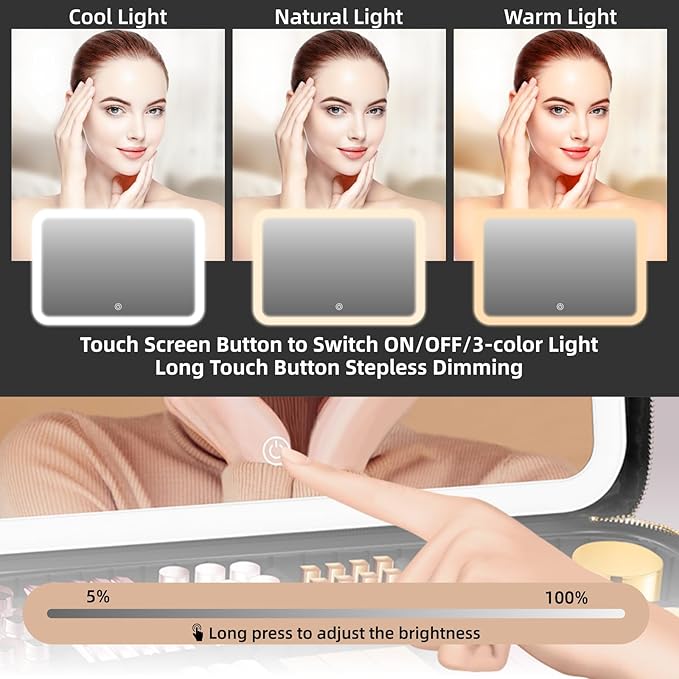 15''X11'' Large Capacity Makeup Bag with LED Mirror, Professional Makeup Case Organizer with 3 Color Light Adjustable Brightness, Travel Make up Cosmetic Case with Detachable Dividers & Shoulder Strap