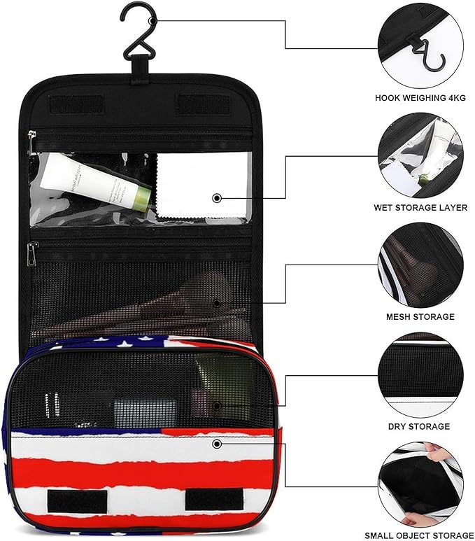 CWECVWE Travel Toiletry Bag, Portable Makeup Bag with Hanging Hook, Hanging Organizer for Women Men Shampoo, Conditioner, Brushes Set, Red Blue White American Flag