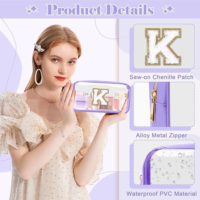 UIXIZQ Personalized Initial Letter Clear Makeup Bag,Preppy Small Nylon&PVC Cosmetic Zipper Bag with Chenille Letter,Travel Skincare Toiletry Bag,Monogram Christmas Gift for Teen Girls Women,K