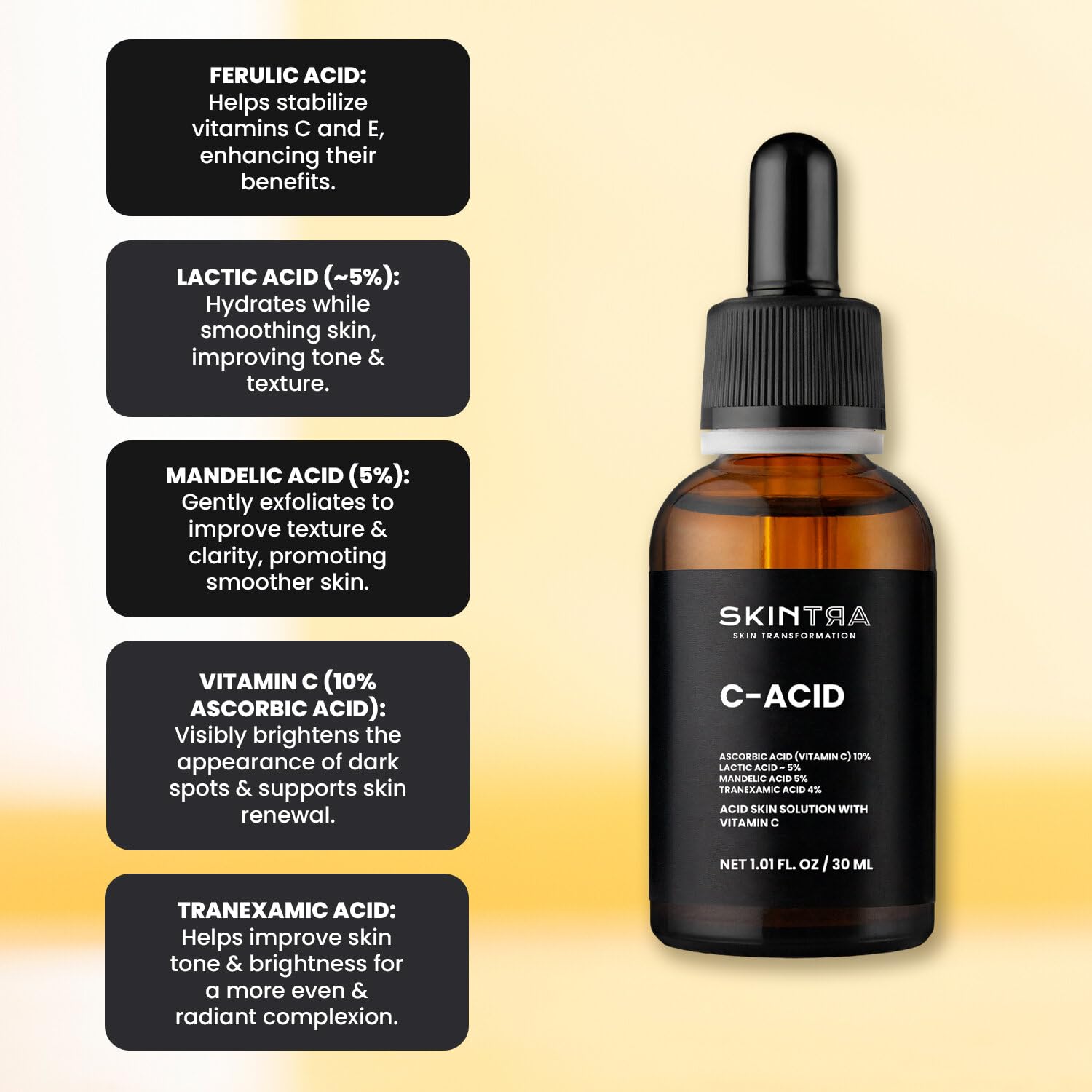SkinTra C-Acid Vitamin C & AHA Face Serum – Advanced Exfoliating and Brightening Treatment – Designed for Night Use with Lightweight Finish – 10% AHA Blend – 30 ml/Net 1.01 Fl. Oz