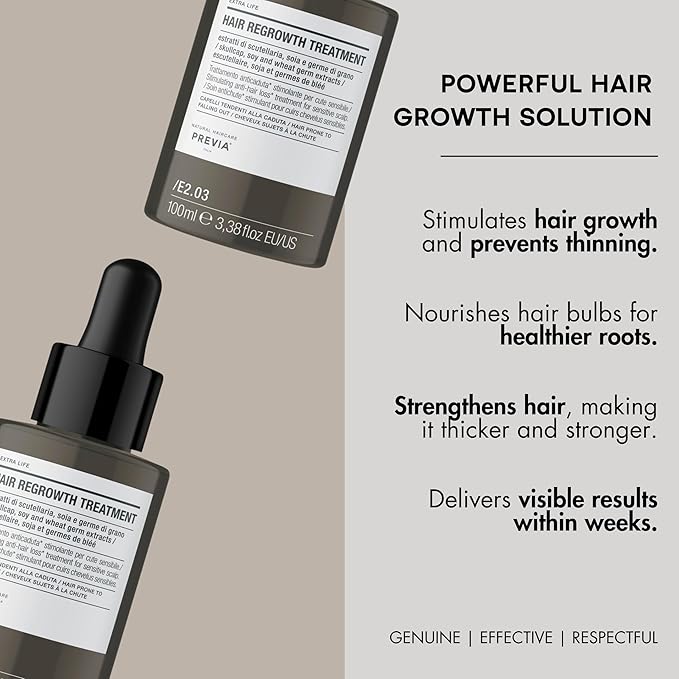 PREVIA EXTRA LIFE HAIR REGROWTH TREATMENT | Natural Hair Strengthening Formula with Skullcap Extract Soy & Wheat Germ for Thicker Fuller Hair & Scalp Rejuvenation | 3.38 oz