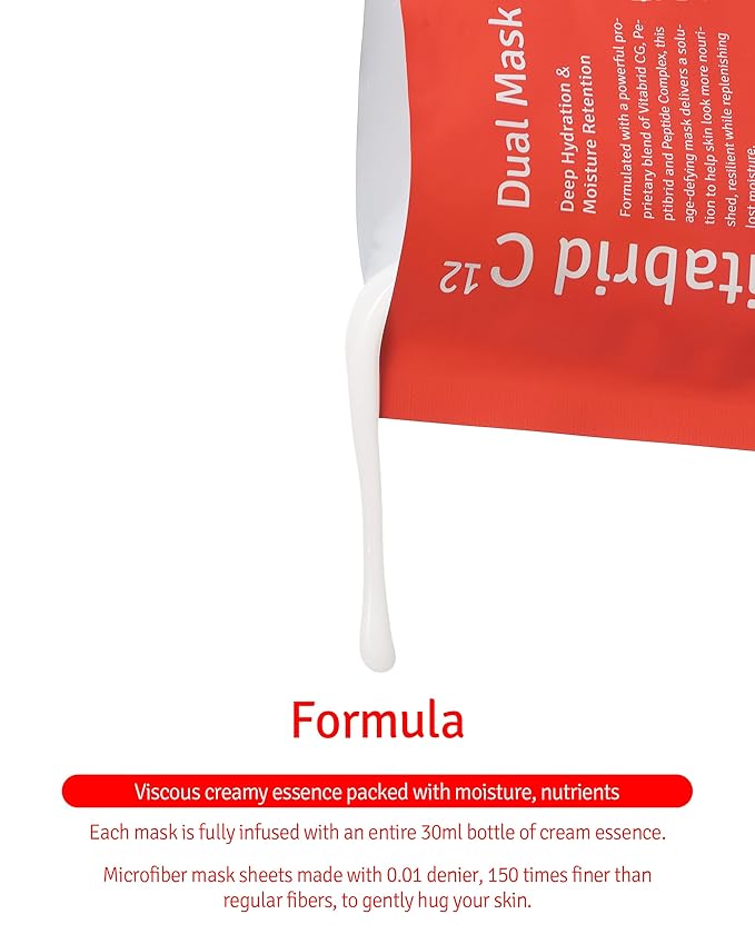 VITABRID C12 Dual Mask Korean Face Mask for Anti Aging, Firming, Hydrating, Nourishing with Highly Concentrated Peptide, Vitamin C Essence - Hypoallergenic Microfiber Sheet, 1.02 fl.oz. 5 Sheets