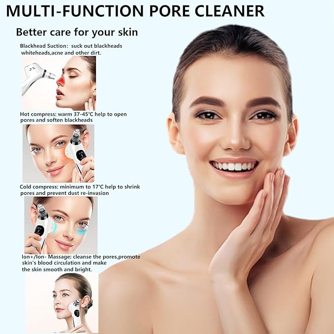 SJIE Blackhead Remover Vacuum Face Suction Pore Cleaner with Hot&Cold Compress Positive&Negative Ion Massage Nose Whitehead Remover Pimple Sucker with 5 Probes Pore Extractor Tool… (White)