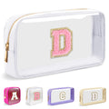 Small Clear Personalized Initial Makeup Bag,Nylon Preppy A-Z Chenille Letter Patch Cosmetic Pouch Beach Toiletry Bag,Waterproof Zipper Travel Purse Storage Bag Organizer for Women Girls(White-Pink D)