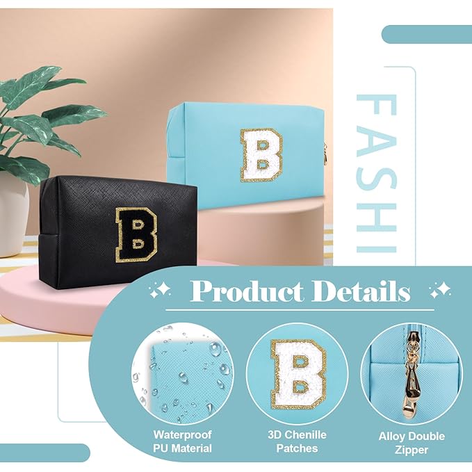 Small Personalized Initial A-Z Preppy Patch Makeup Bag,PU Chenille Letter Travel Cosmetic Pouch with Zipper,Blue Cute Toiletry Bag,Gift Ideal for Teen Girls Women Teacher Bridesmaid,Letter B