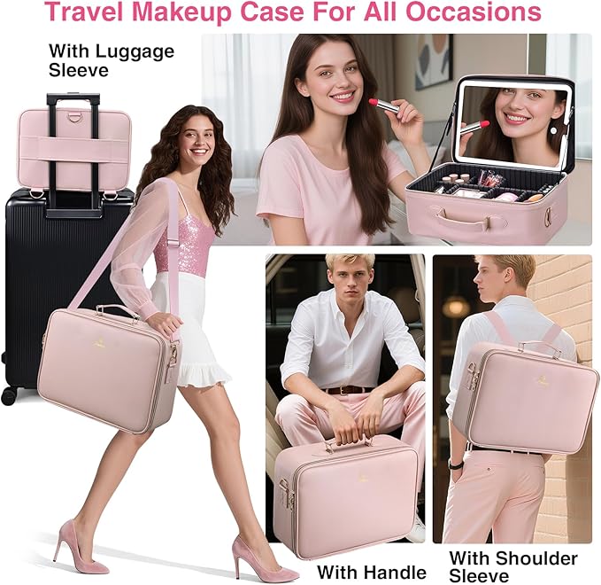 Faquenc Large Makeup Bag with LED Mirror,15”Cosmetic Train Case for Makeup Artists,Travel Makeup Organizer Case w Divider Rechargeable Vanity Mirror with 3 Color Lights for Barber,MUA,Nail Tech, Pink