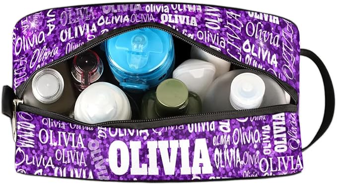Personalized Makeup Bag with Name Toiletries Purple Glittering Sequins