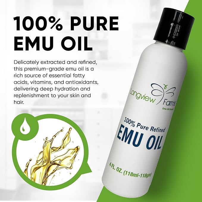 Longview Farms Emu Oil - Hair and Body - 100% Pure & Refined | Pure Emu Oil for Skin & Hair Care | Premium Quality Hydration & Nourishment | 1 Fl. Oz