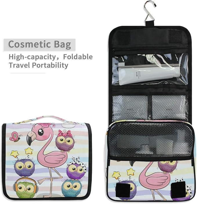 senya Hanging Travel Toiletry Bag Cute Cartoon Pink Flamingo And Five Owls Kit Makeup Case Cosmetics Organizer for Men Women