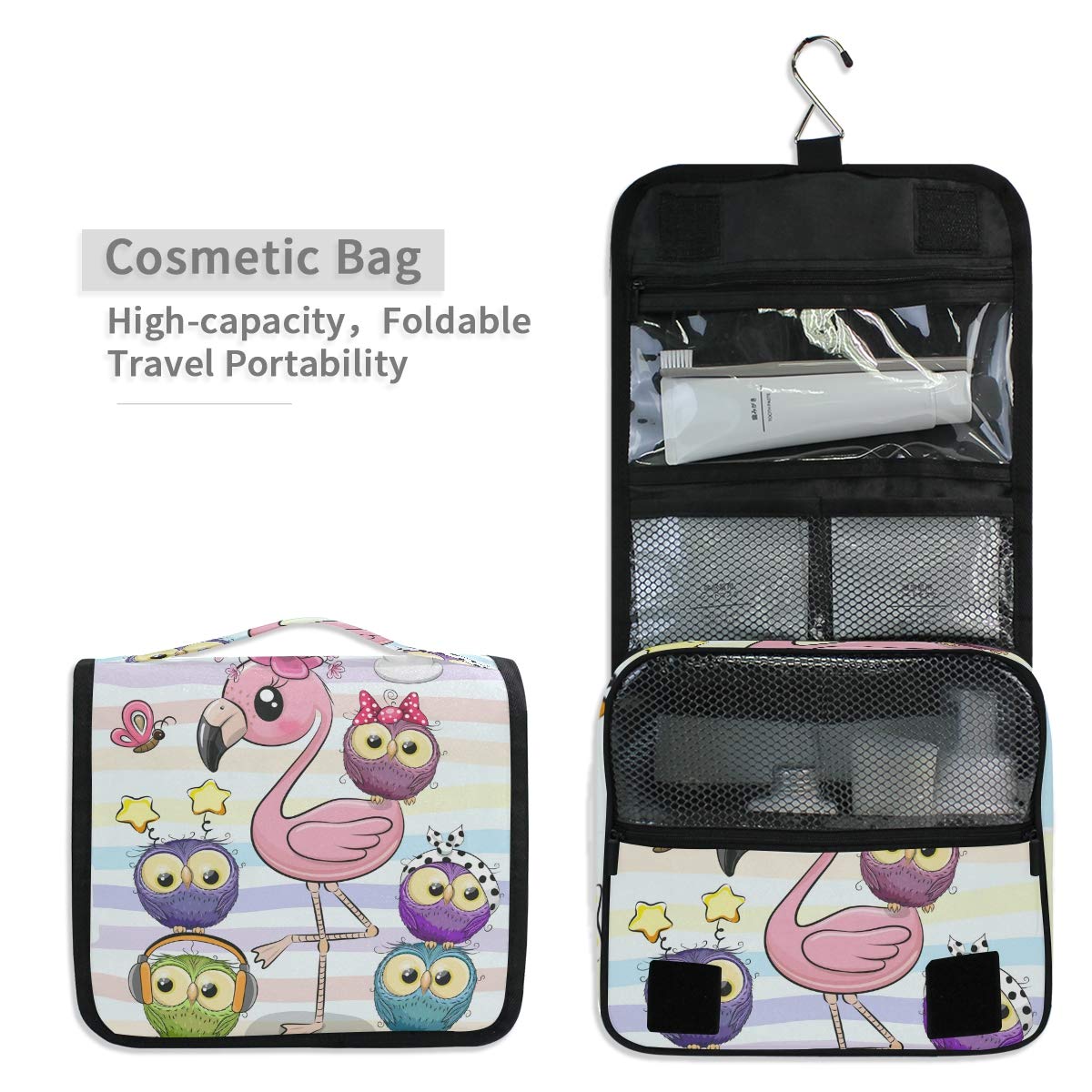 senya Hanging Travel Toiletry Bag Cute Cartoon Pink Flamingo And Five Owls Kit Makeup Case Cosmetics Organizer for Men Women