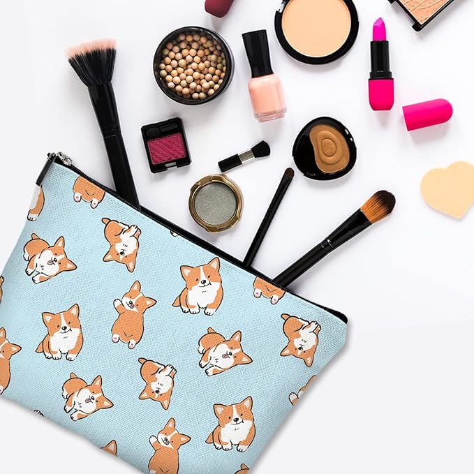 Givotin Cute Makeup Bag for Purse Canvas Waterproof Funny Cosmetic Bags for Women Zipper Travel Toiletry Pouch-Corgi Makeup Bags