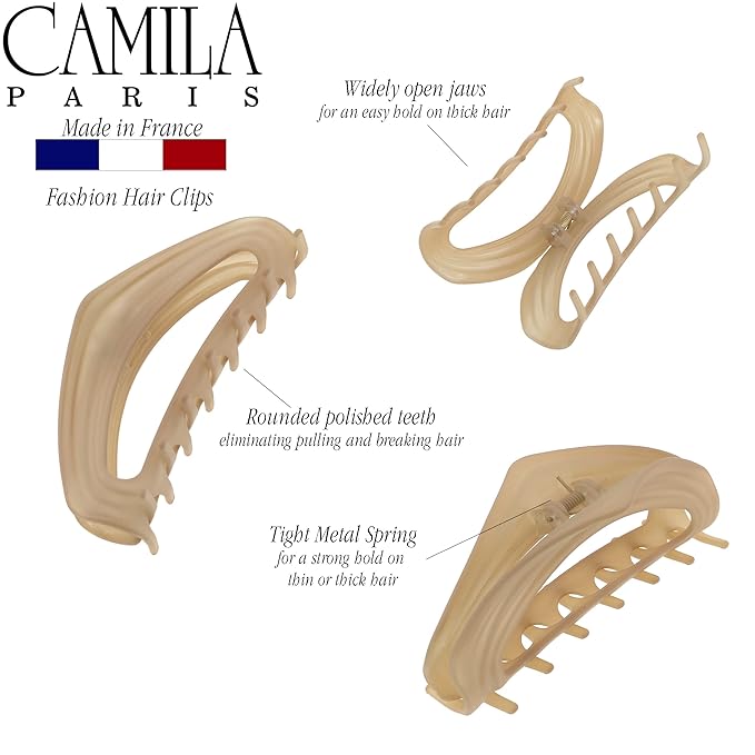 Camila Paris CP3527 French Hair Clips for Women, 4" Beige, Large Claw Clip Strong Hold All Day, No Damage No Slip Claw Clips for Thick Curly Wavy Fine Straight Hair, Jaw Clip Made in France