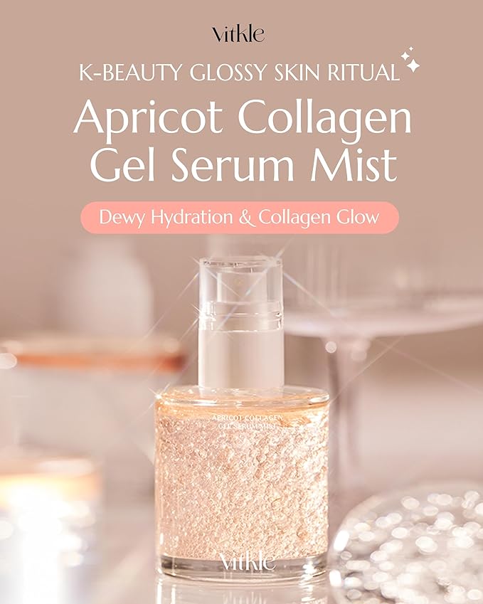 Vitkle Apricot Collagen Gel Serum Mist - Korean Face Moisturizer French Patented with 8-Layer Hyaluronic Acid, Bakuchiol, Adenosine for Hydration Glow Firming Anti-Aging Spray, 6.76 fl.oz.