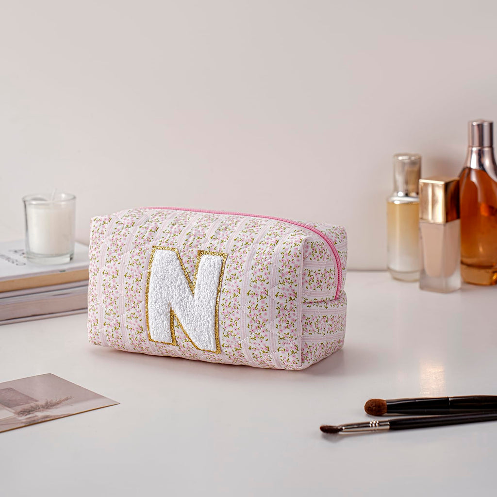 JOVAKIT Alphabet Makeup Bag Cosmetic Bag for Women, Christmas Gifts for Girls Age 6-18, Floral Flowers Coquette Travel Toiletry Zipper Make Up Pouch Organizer Trendy Stuff (Pink Floral N)