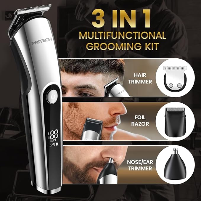 PRITECH Cordless Beard Trimmer for Men, 3-in-1 Grooming Kit, USB Charging