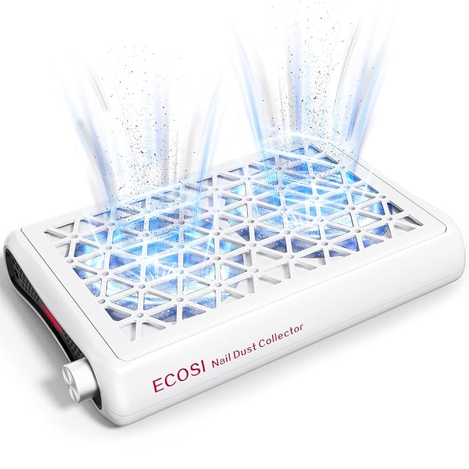 ECOSI Nail Dust Collector, 8000RPM & 1600PA Dual Turbo Professional Vacuum Fan Dust Extractor with 30 Pcs Filter Papers, Stepless Adjustable Suction for Manicure, Salon Nail Tech & Home (White)