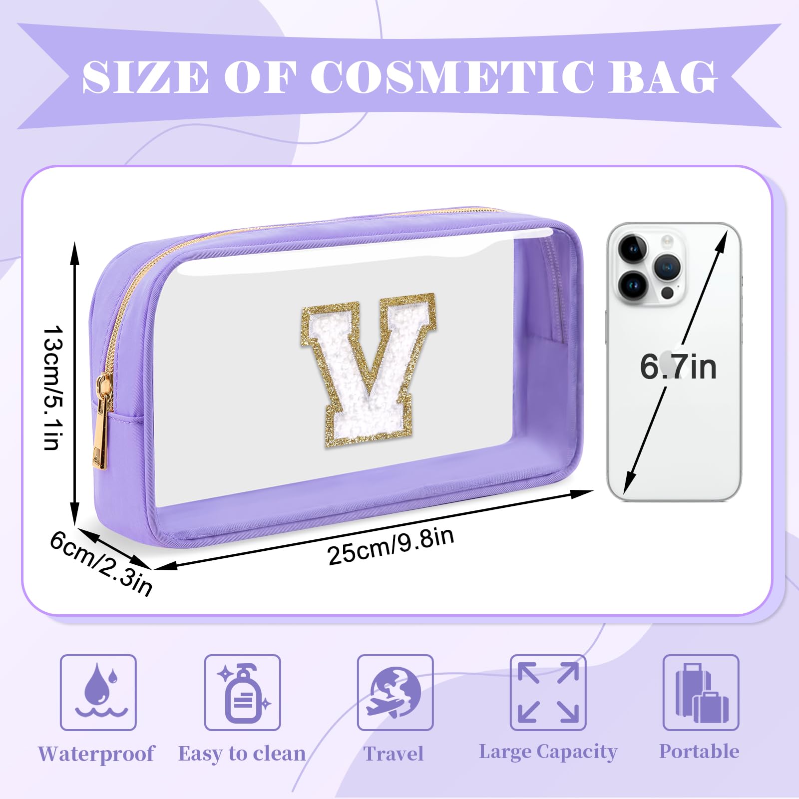 UIXIZQ Personalized Initial Letter Clear Makeup Bag,Preppy Small Nylon&PVC Cosmetic Zipper Bag with Chenille Letter,Travel Skincare Toiletry Bag,Monogram Christmas Gift for Teen Girls Women,V