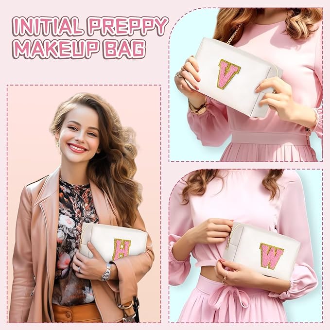 TOPEAST Preppy Stuff for Girls, Initial Makeup Bag Chenille Letter Pouch Cosmetic Bag with Zipper, PU Leather Waterproof Toiletry Bag, Cute Stuff Birthday Gift for Friends Sister (Pearly White T)