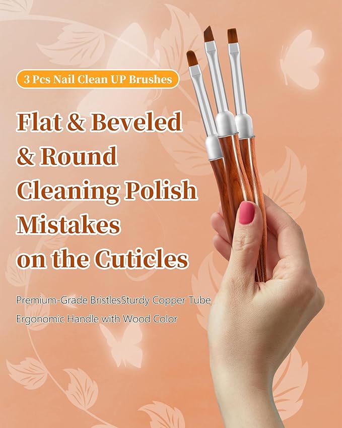 AMilHiTon 3PCS Nail Polish Clean Up Brush, Round/Angled/Flat, Wood Color