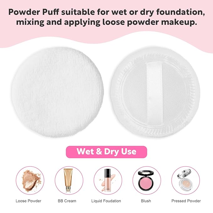 Cotton Puff, 10 Pcs Makeup Puff for Face, 2.36 inch Cosmetic Puffs Pads with Ribbon for Loose and Foundation(White)