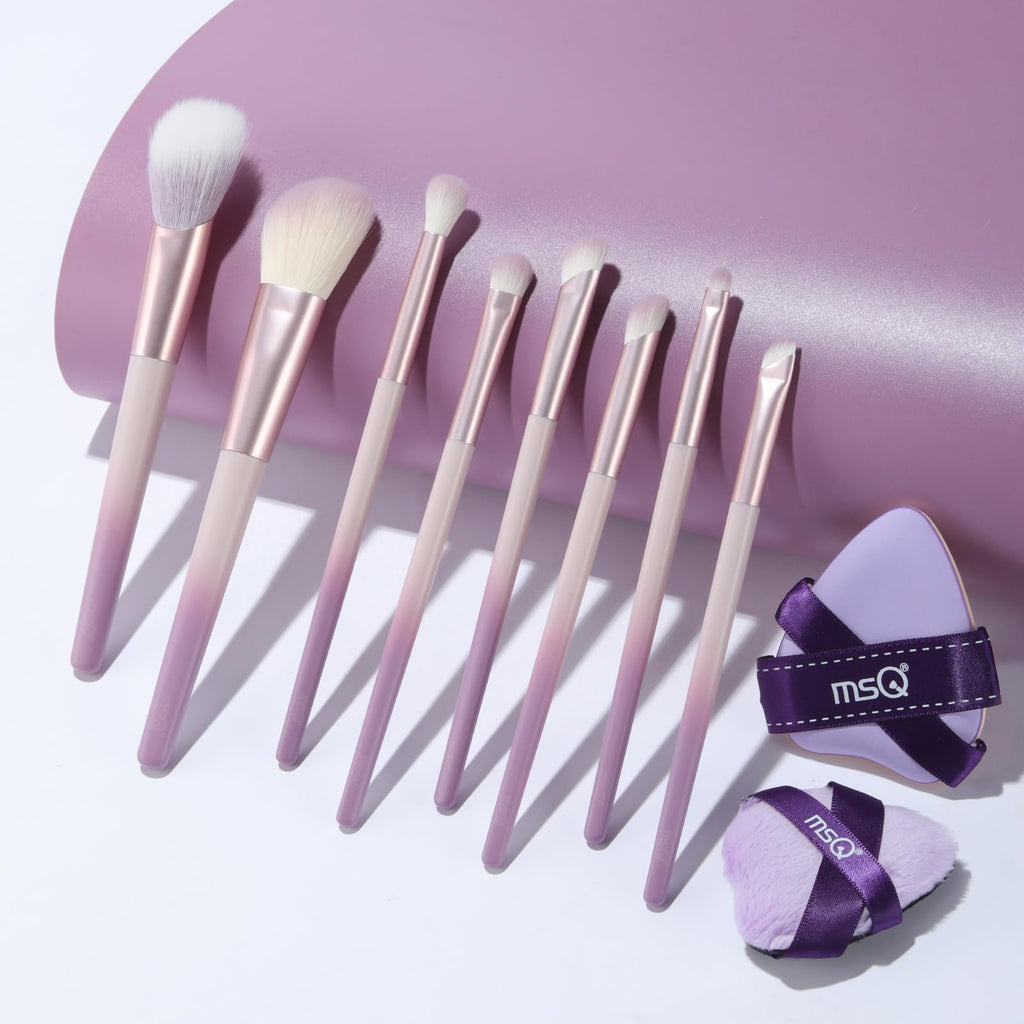 MSQ Make Up Brushes Total 10Pcs-with 8 Makeup Brush & 1 Foundation Puff & 1 Velve Powder Puff, Synthetic Hair Powder Brushes for Blush Countour Concealer Eyeshadow Eyeliner