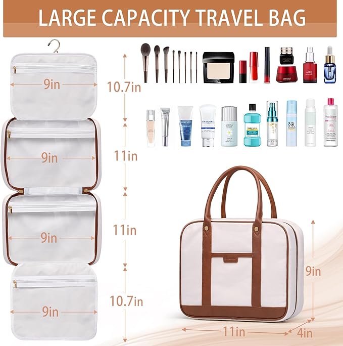 Bosidu Toiletry Bag for Women Hanging Travel Toiletry Bag with Hook,Water-resistant Makeup Cosmetic Bag Travel Organizer for Toiletries, Accessories P-Beige