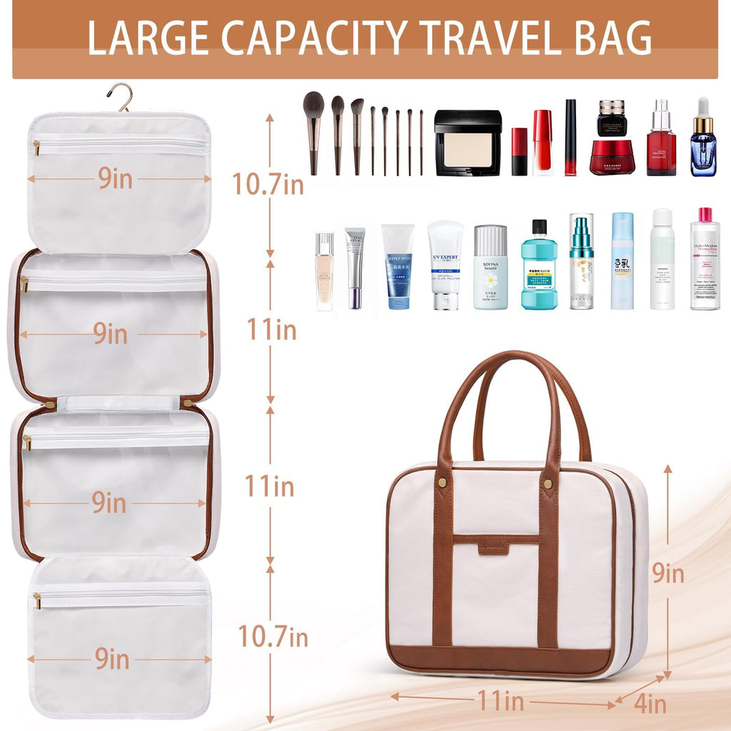 Bosidu Toiletry Bag for Women Hanging Travel Toiletry Bag with Hook,Water-resistant Makeup Cosmetic Bag Travel Organizer for Toiletries, Accessories P-Beige